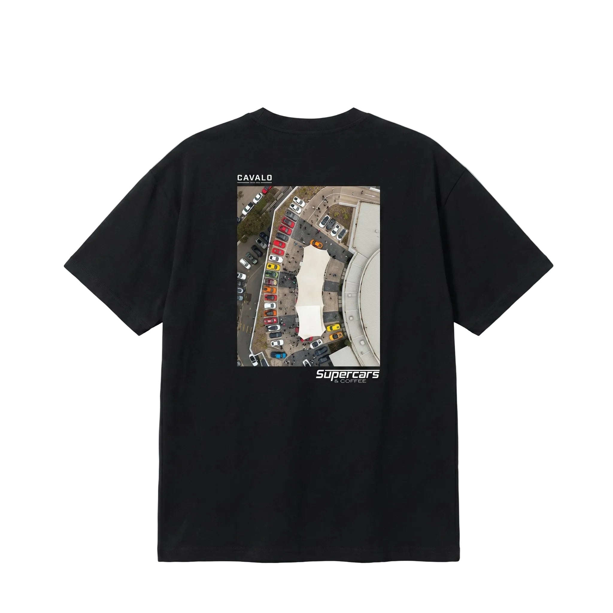 Black t-shirt with a photo print of a drone aerial shot of a car meet. The Cavalo Prestige logo is on the top left of the photo and the Supercars and Coffee logo is on the bottom right